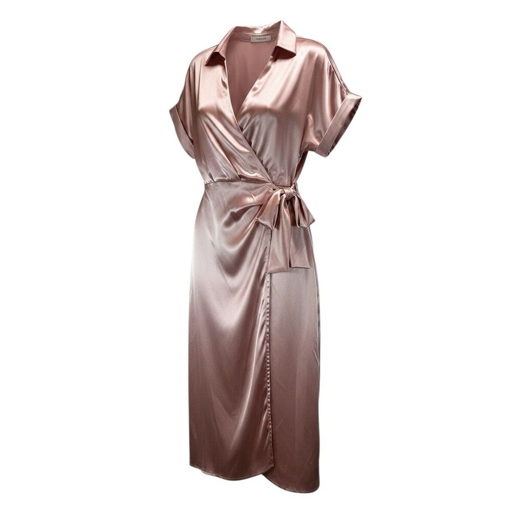 Timing Champagne Satin Surplice Wrap Midi Dress Blush Bridal S NWT
